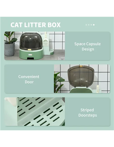 PawHut 2 in 1 Cat Litter Box, with Drawer Pans, Scoop, Openable Cover - Green
