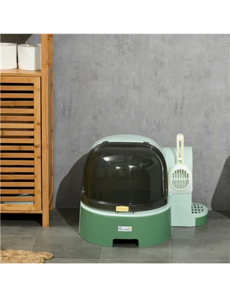 PawHut 2 in 1 Cat Litter Box, with Drawer Pans, Scoop, Openable Cover - Green
