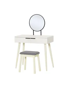 HOMCOM Dressing Table with Mirror and Stool, Vanity Makeup Desk Set with 2 Drawers, Cushioned Stool and Make-up Organiser for Be