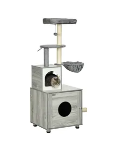 PawHut Enclosed Cat Litter Box with Cat House, Cat Bed, Scratching Posts, Platforms, for Indoor Cats - Grey