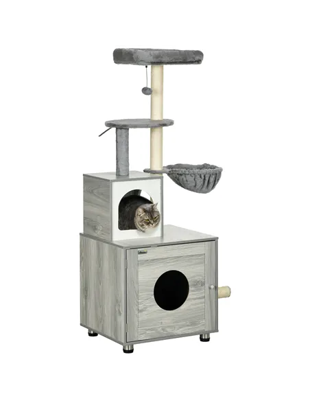PawHut Enclosed Cat Litter Box with Cat House, Cat Bed, Scratching Posts, Platforms, for Indoor Cats - Grey