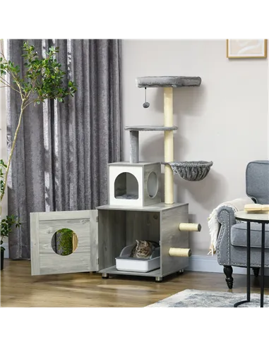 PawHut Enclosed Cat Litter Box with Cat House, Cat Bed, Scratching Posts, Platforms, for Indoor Cats - Grey