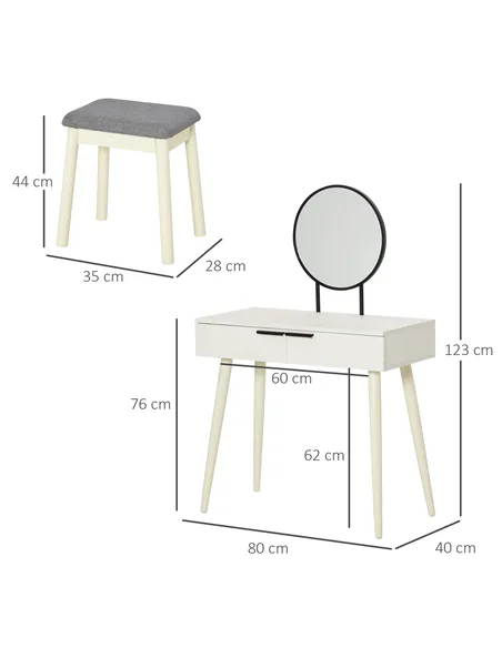 HOMCOM Dressing Table with Mirror and Stool, Vanity Makeup Desk Set with 2 Drawers, Cushioned Stool and Make-up Organiser for Be