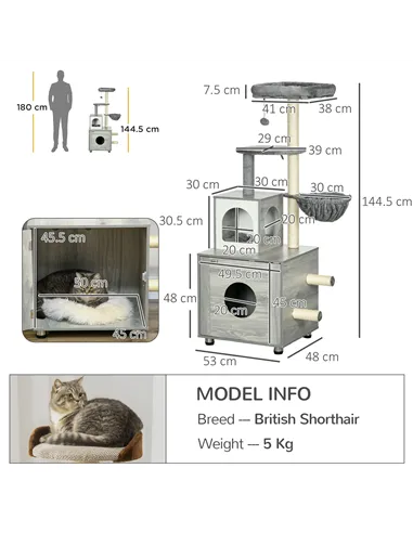 PawHut Enclosed Cat Litter Box with Cat House, Cat Bed, Scratching Posts, Platforms, for Indoor Cats - Grey