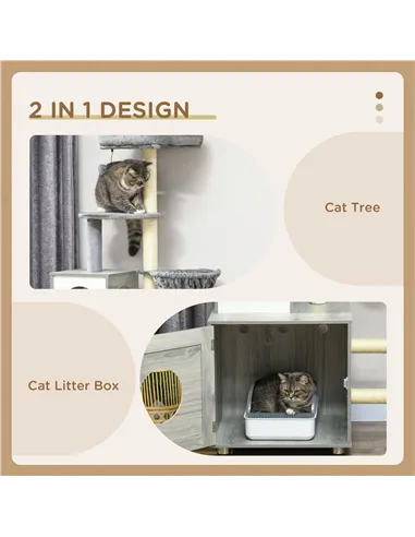 PawHut Enclosed Cat Litter Box with Cat House, Cat Bed, Scratching Posts, Platforms, for Indoor Cats - Grey