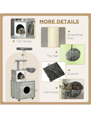 PawHut Enclosed Cat Litter Box with Cat House, Cat Bed, Scratching Posts, Platforms, for Indoor Cats - Grey