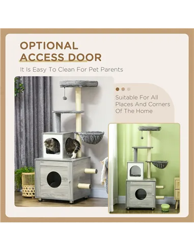 PawHut Enclosed Cat Litter Box with Cat House, Cat Bed, Scratching Posts, Platforms, for Indoor Cats - Grey