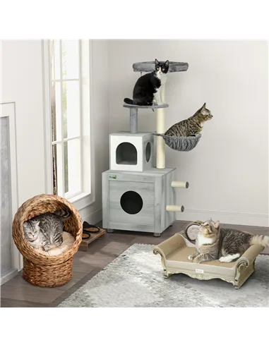 PawHut Enclosed Cat Litter Box with Cat House, Cat Bed, Scratching Posts, Platforms, for Indoor Cats - Grey