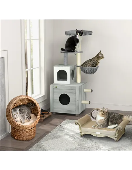 PawHut Enclosed Cat Litter Box with Cat House, Cat Bed, Scratching Posts, Platforms, for Indoor Cats - Grey