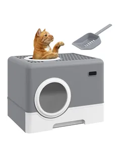 PawHut Enclosed Cat Litter Box, with Lid, Front Entry, Top Exit, Pull-Out Tray, Scoop - Grey
