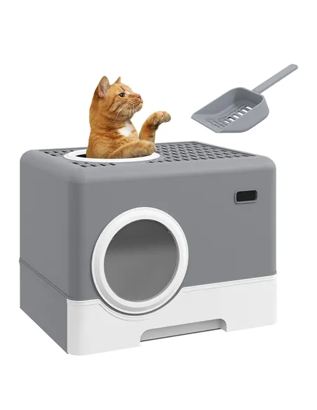 PawHut Enclosed Cat Litter Box, with Lid, Front Entry, Top Exit, Pull-Out Tray, Scoop - Grey