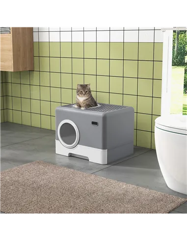 PawHut Enclosed Cat Litter Box, with Lid, Front Entry, Top Exit, Pull-Out Tray, Scoop - Grey