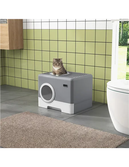 PawHut Enclosed Cat Litter Box, with Lid, Front Entry, Top Exit, Pull-Out Tray, Scoop - Grey