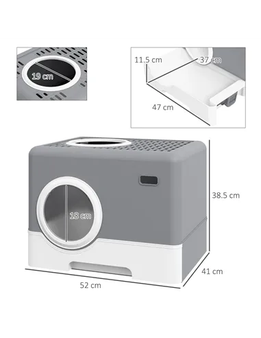 PawHut Enclosed Cat Litter Box, with Lid, Front Entry, Top Exit, Pull-Out Tray, Scoop - Grey