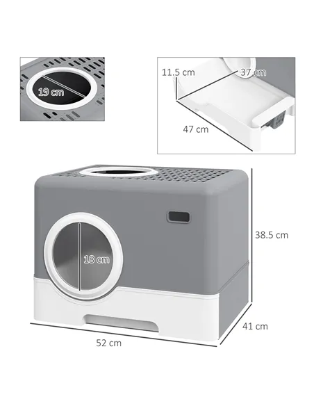 PawHut Enclosed Cat Litter Box, with Lid, Front Entry, Top Exit, Pull-Out Tray, Scoop - Grey
