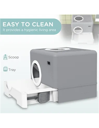 PawHut Enclosed Cat Litter Box, with Lid, Front Entry, Top Exit, Pull-Out Tray, Scoop - Grey