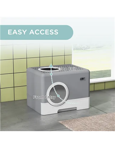 PawHut Enclosed Cat Litter Box, with Lid, Front Entry, Top Exit, Pull-Out Tray, Scoop - Grey