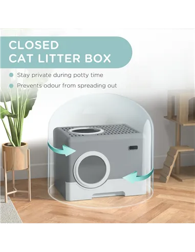 PawHut Enclosed Cat Litter Box, with Lid, Front Entry, Top Exit, Pull-Out Tray, Scoop - Grey