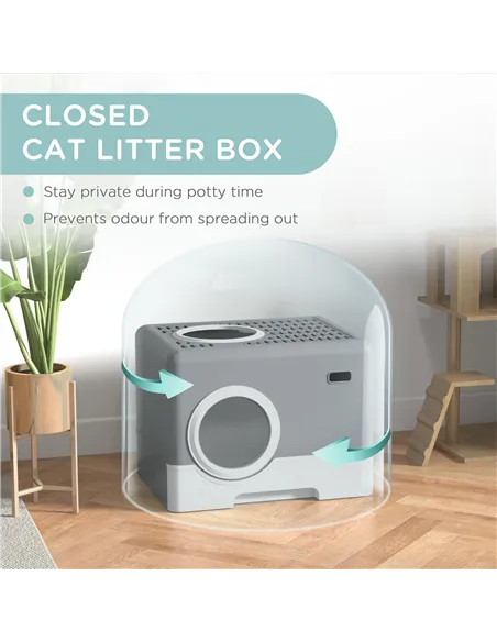 PawHut Enclosed Cat Litter Box, with Lid, Front Entry, Top Exit, Pull-Out Tray, Scoop - Grey