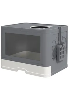 PawHut Enclosed Cat Litter Box with lid, Front Entry, Top Exit, Drawer, Tray, Scoop, Brush, 48.5 x 38 x 36.5cm - Grey