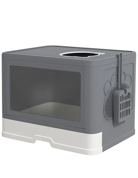 PawHut Enclosed Cat Litter Box with lid, Front Entry, Top Exit, Drawer, Tray, Scoop, Brush, 48.5 x 38 x 36.5cm - Grey