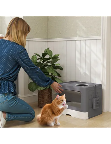 PawHut Enclosed Cat Litter Box with lid, Front Entry, Top Exit, Drawer, Tray, Scoop, Brush, 48.5 x 38 x 36.5cm - Grey