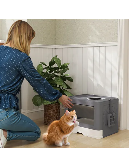 PawHut Enclosed Cat Litter Box with lid, Front Entry, Top Exit, Drawer, Tray, Scoop, Brush, 48.5 x 38 x 36.5cm - Grey