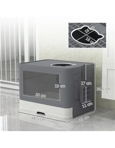 PawHut Enclosed Cat Litter Box with lid, Front Entry, Top Exit, Drawer, Tray, Scoop, Brush, 48.5 x 38 x 36.5cm - Grey