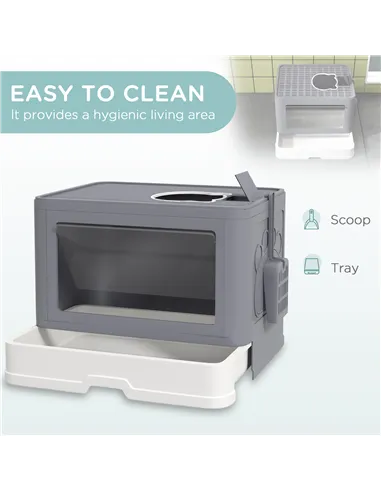 PawHut Enclosed Cat Litter Box with lid, Front Entry, Top Exit, Drawer, Tray, Scoop, Brush, 48.5 x 38 x 36.5cm - Grey