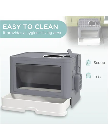 PawHut Enclosed Cat Litter Box with lid, Front Entry, Top Exit, Drawer, Tray, Scoop, Brush, 48.5 x 38 x 36.5cm - Grey