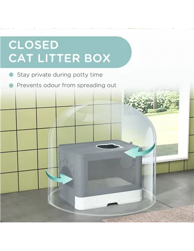 PawHut Enclosed Cat Litter Box with lid, Front Entry, Top Exit, Drawer, Tray, Scoop, Brush, 48.5 x 38 x 36.5cm - Grey