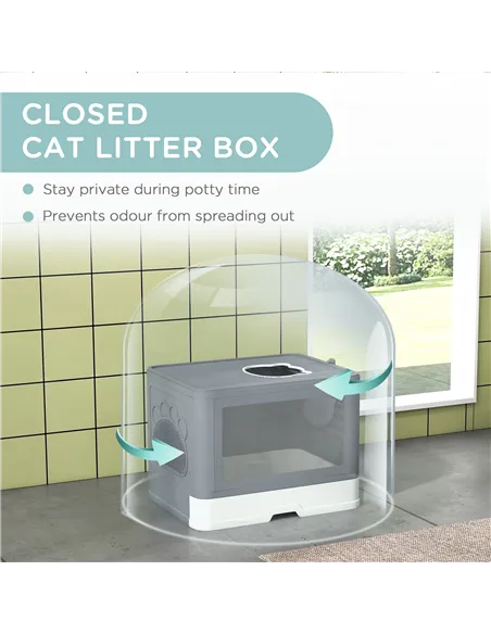 PawHut Enclosed Cat Litter Box with lid, Front Entry, Top Exit, Drawer, Tray, Scoop, Brush, 48.5 x 38 x 36.5cm - Grey