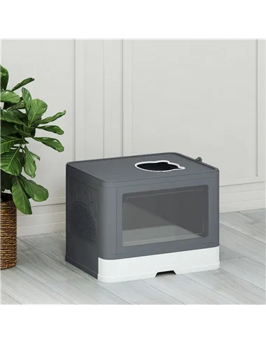 PawHut Enclosed Cat Litter Box with lid, Front Entry, Top Exit, Drawer, Tray, Scoop, Brush, 48.5 x 38 x 36.5cm - Grey
