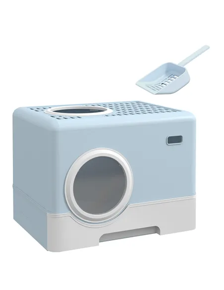 PawHut Enclosed Cat Litter Box, with Lid, Front Entry, Top Exit, Pull-Out Tray, Scoop - Blue