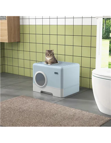 PawHut Enclosed Cat Litter Box, with Lid, Front Entry, Top Exit, Pull-Out Tray, Scoop - Blue