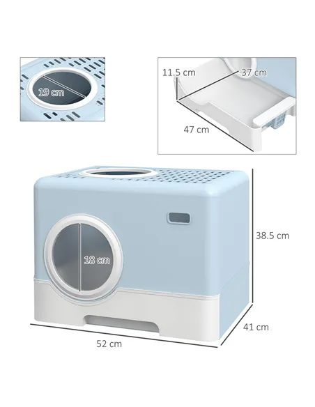 PawHut Enclosed Cat Litter Box, with Lid, Front Entry, Top Exit, Pull-Out Tray, Scoop - Blue