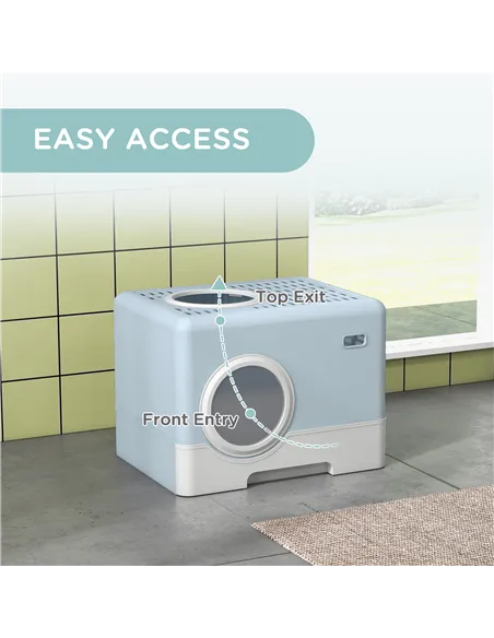 PawHut Enclosed Cat Litter Box, with Lid, Front Entry, Top Exit, Pull-Out Tray, Scoop - Blue