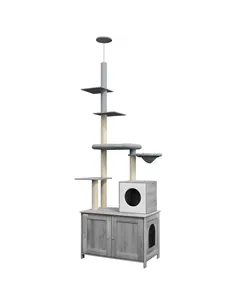 PawHut 2-in-1 Floor-To-Ceiling Cat Tree with Hidden Litter Box, for Indoor Use - Grey