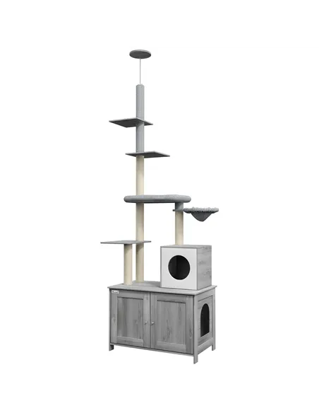 PawHut 2-in-1 Floor-To-Ceiling Cat Tree with Hidden Litter Box, for Indoor Use - Grey