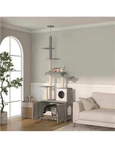 PawHut 2-in-1 Floor-To-Ceiling Cat Tree with Hidden Litter Box, for Indoor Use - Grey