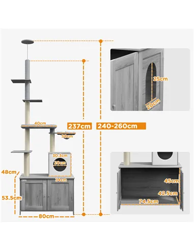 PawHut 2-in-1 Floor-To-Ceiling Cat Tree with Hidden Litter Box, for Indoor Use - Grey
