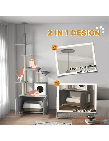 PawHut 2-in-1 Floor-To-Ceiling Cat Tree with Hidden Litter Box, for Indoor Use - Grey