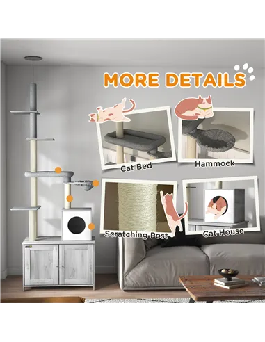 PawHut 2-in-1 Floor-To-Ceiling Cat Tree with Hidden Litter Box, for Indoor Use - Grey