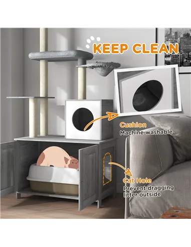 PawHut 2-in-1 Floor-To-Ceiling Cat Tree with Hidden Litter Box, for Indoor Use - Grey