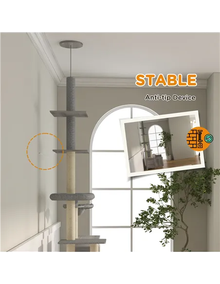 PawHut 2-in-1 Floor-To-Ceiling Cat Tree with Hidden Litter Box, for Indoor Use - Grey