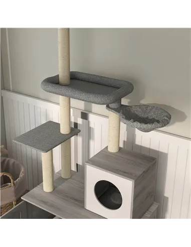 PawHut 2-in-1 Floor-To-Ceiling Cat Tree with Hidden Litter Box, for Indoor Use - Grey