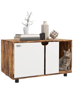 PawHut Hidden Cat Litter Box Furniture, with Sand Drain Pad - Rustic Brown