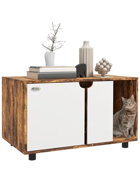 PawHut Hidden Cat Litter Box Furniture, with Sand Drain Pad - Rustic Brown
