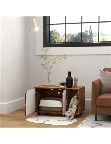PawHut Hidden Cat Litter Box Furniture, with Sand Drain Pad - Rustic Brown