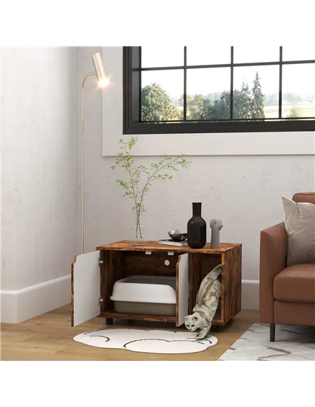 PawHut Hidden Cat Litter Box Furniture, with Sand Drain Pad - Rustic Brown